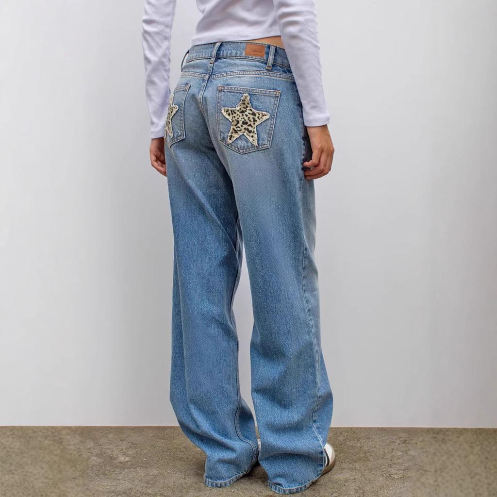 European and American Fashion Retro Street Leopard Print Star Patch Splicing Straight Leg Jeans Womens Loose Casual Pants Jeans