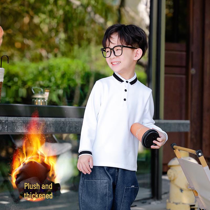 Boys' Long-Sleeve Velvet Polo Shirt - White School Uniform for Older Children In Winter