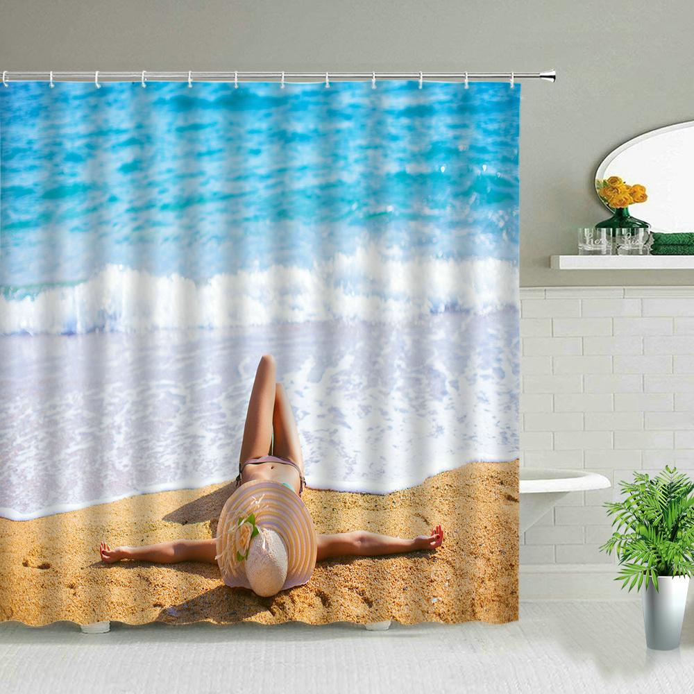 Солнечный свет Пляжная девушка Пальма Доска для серфинга Пейзаж Шторки для душа Сексуальная женщина 3D-принт Шикарная занавеска Декор для ванной комнаты С крючками