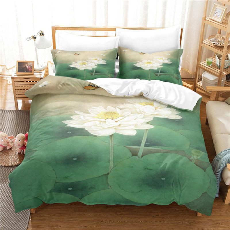 Comforter Green Flower Double Bed With Lotus Bedding Set King Size 3Pcs 2Pcs Single Twin Full 200X200 220X240Cm
