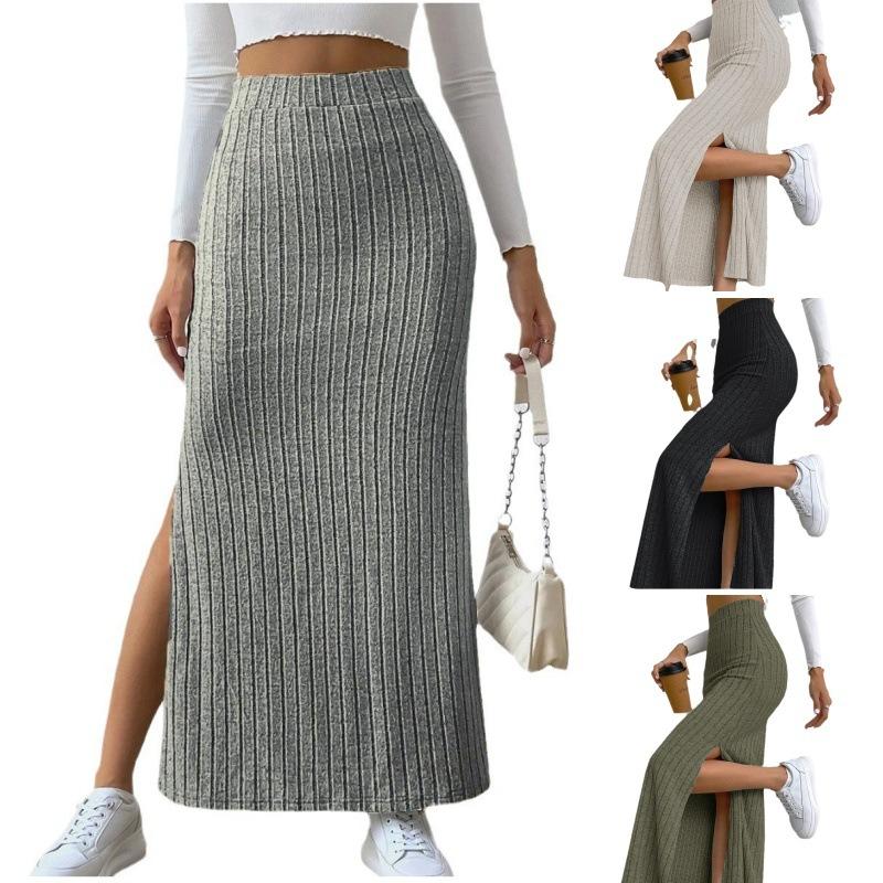 Women Maxi Ribbed Skirt Igh Waist Stretchy Rib Knit Split Slit Hem Midi Pencil Skirt Long Skirt Streetwear