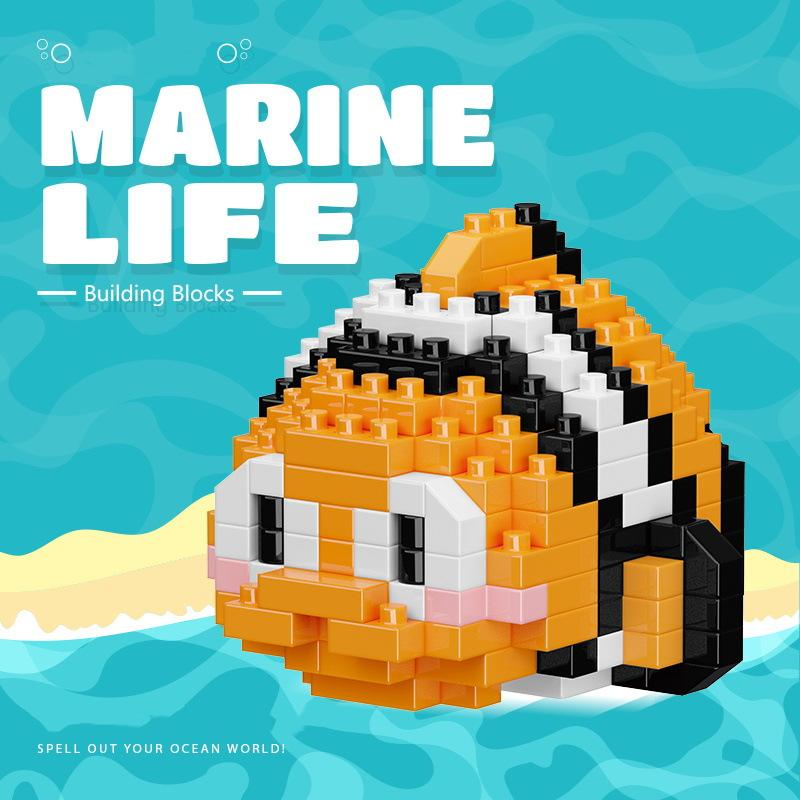 Новые строительные блоки серии «Морская жизнь»: черепаха, белуга, морской конек, краб, осьминог, акула, рыба-клоун, косатка, собранные игрушки