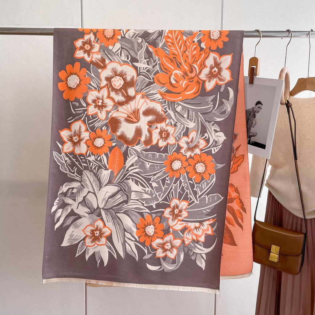 Double-Sided Imitation Cashmere Printed Scarf Women'S Warm Thickened Fringed Scarf Flower Blooming Rich Long Fashion Versatile Shawl