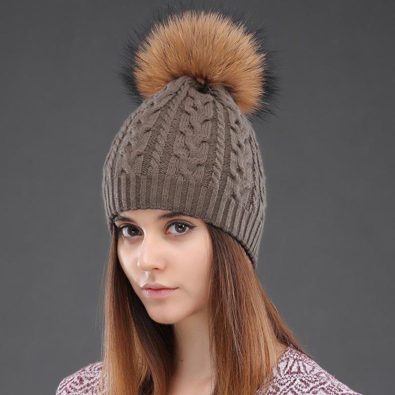 Women Double Layer Knitted Hats Winter Warm Beanies Wool Hat With Pompom Natural Fur Raccoon Fashion Female Cap