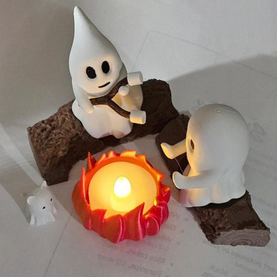 Ghost Campfire Gathering Scene Resin 2 Ghosts with Cat/Dog Making Smores Figurine Flickering LED Bonfire Halloween Night Light