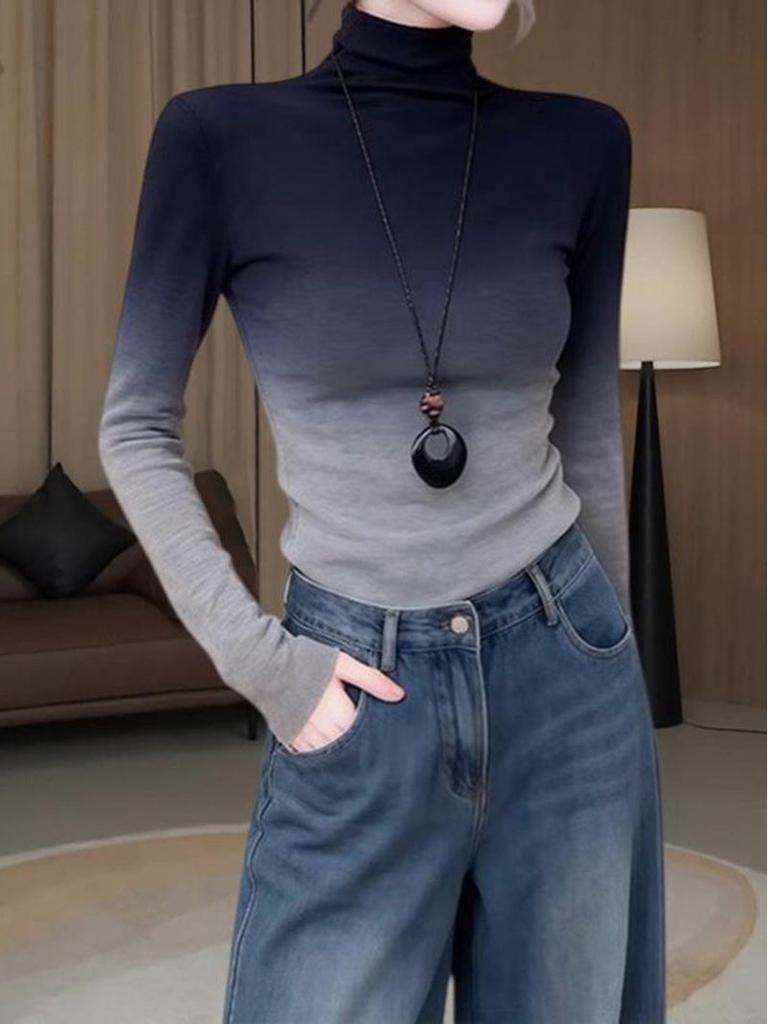 Women's Gradient Wool High Neck Cropped Knit Top - Korean Style Autumn/Winter Slim Fit