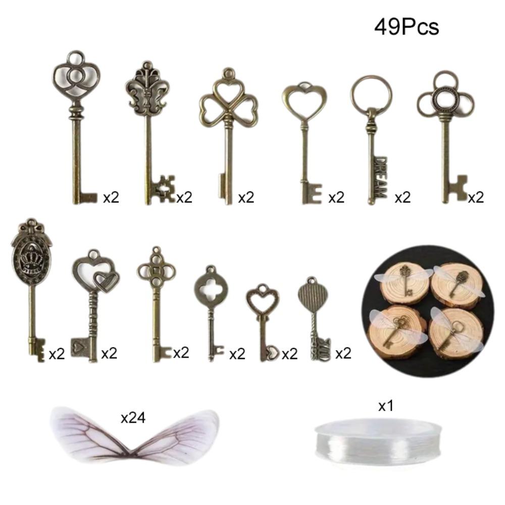 49pcs/set Vintage Skeleton Keys Dragonfly Pendant Set Bronze Realistic Flying Key Hanging Decoration DIY