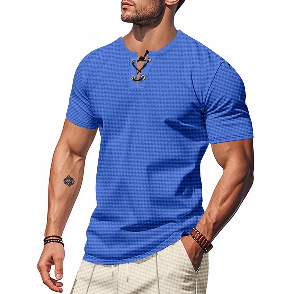 Мужская однотонная рубашка с короткими рукавами, завязывающаяся на шнурок, в спортивном стиле, повседневная