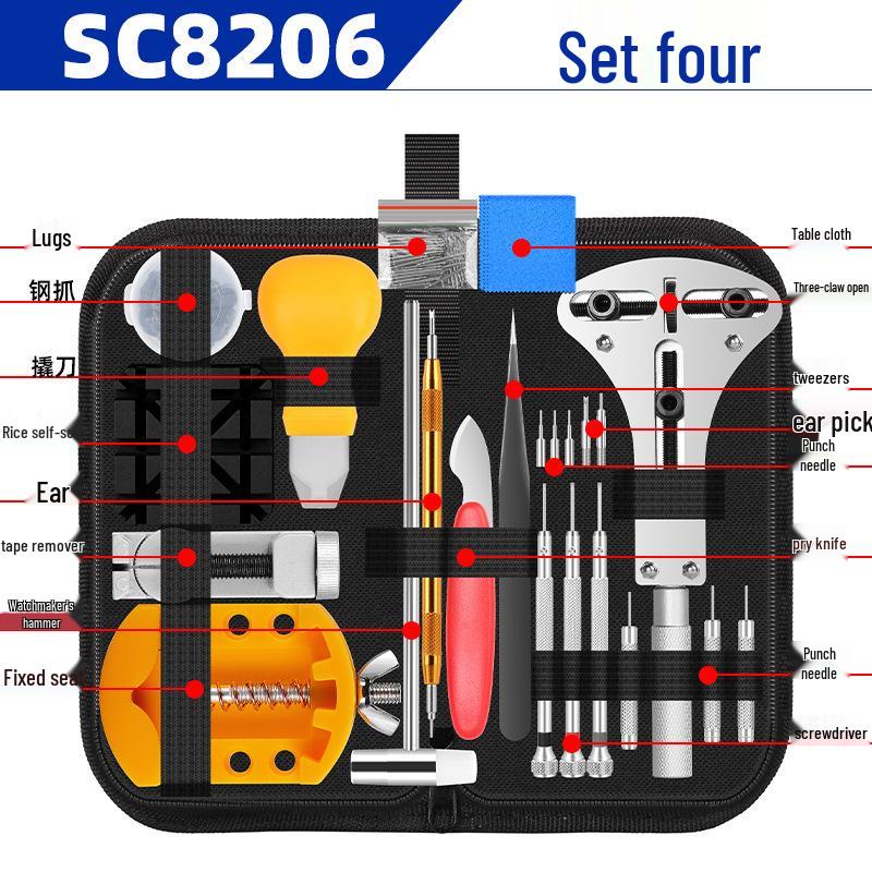 Набор инструментов для ремонта механических часов: снятие корпуса, ремешка, регулировка звеньев и замена батарейки.