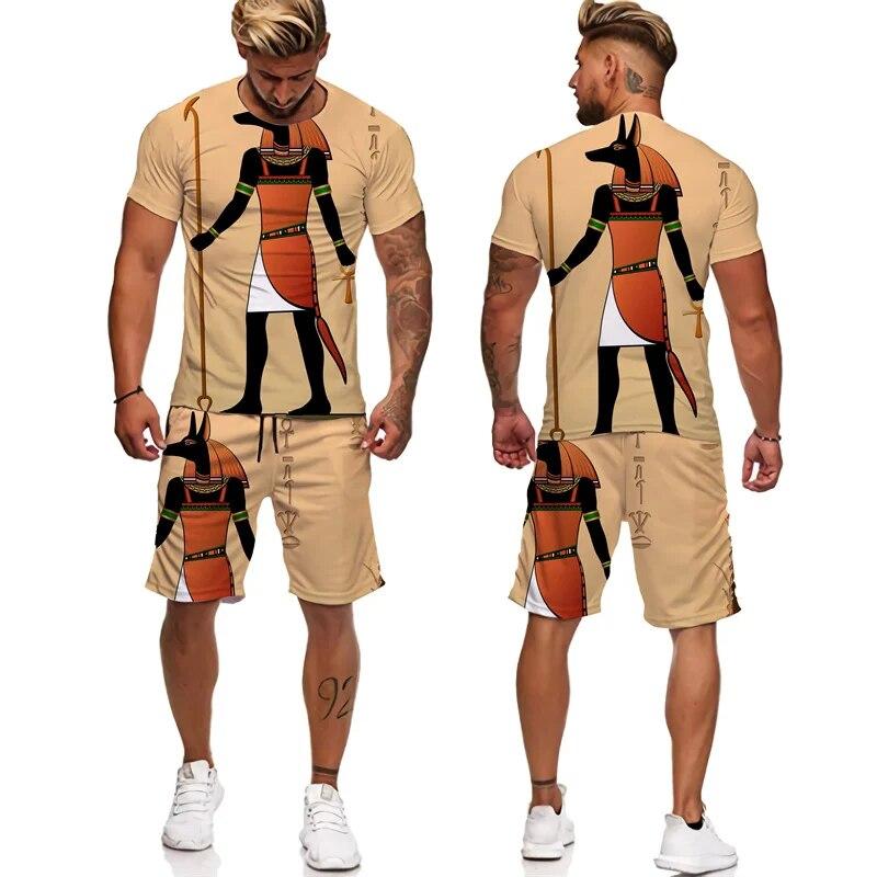 Мужская спортивная одежда из двух предметов, древнеегипетская футболка с 3D принтом, шорты фараона, уличная одежда для пар, летняя новинка