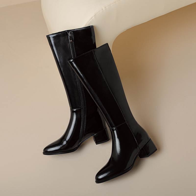Krazing Pot Осенне-зимняя обувь из коровьей кожи, сапоги для верховой езды, круглый носок, сохраняющие тепло, на молнии, черного цвета, на толстом высоком каблуке, высокие сапоги до бедра