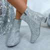Fashion Women's Fashion Ankle Boots Christmas Glitter Side Zip Block Heel High Heels Cowboy Boots Banquet Wedding Sequins Botas Mujer