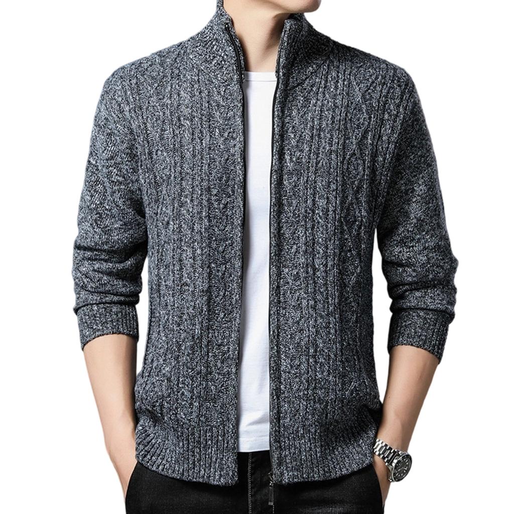 Men's  Standing Collar  Add Cotton  Adding Fleece  Thickened  Long Sleeves  Color Matching  Cardigan  Knitting  Sweater  Coat