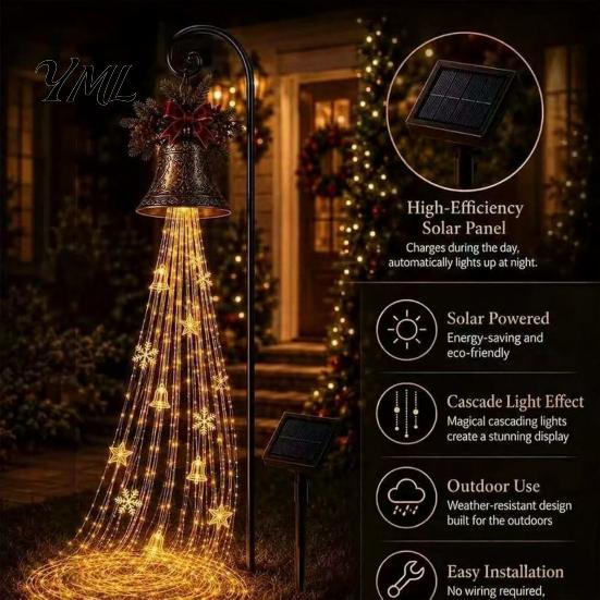 Holiday Garden Stakes Christmas Bell Cascade Solar Light, Stake Light with Warm Glow LED Waterfall Outdoor Lights Effect, Powered Festive Pathway for