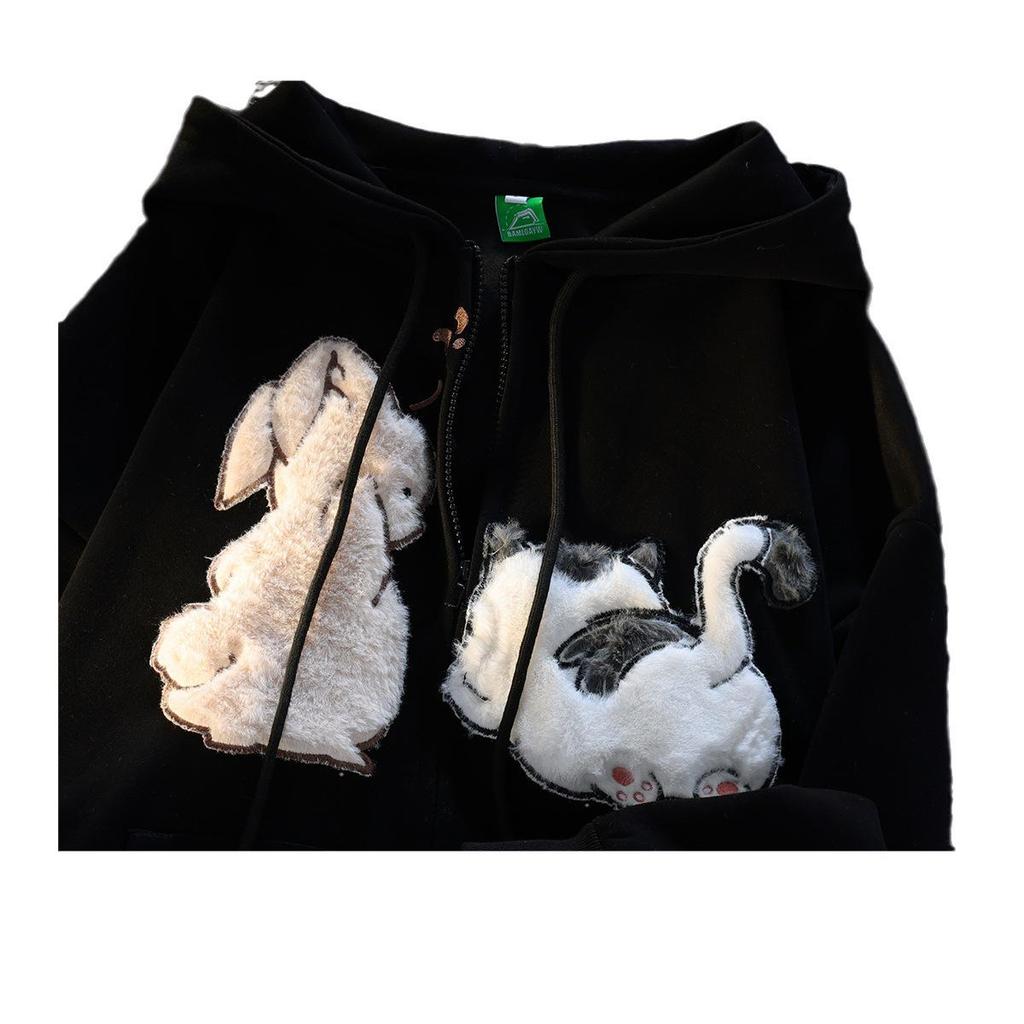 Американская винтажная мультяшная вышитая толстовка с капюшоном и короткими рукавами - Свободный крой для весны и осени