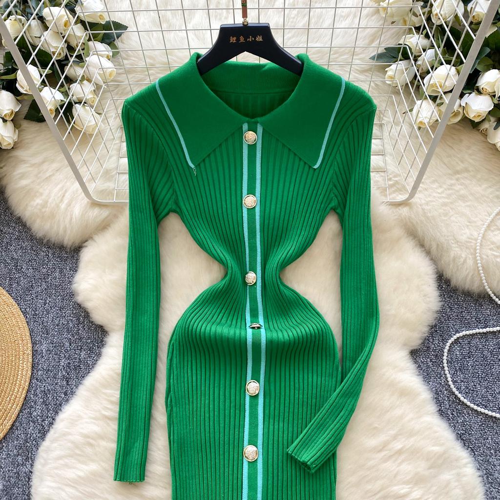 Autumn Winter Women Knitted Dresses 2024 Vintage Patchwork Striped Long Sleeve Bodycon Sexy Chic Long Dress