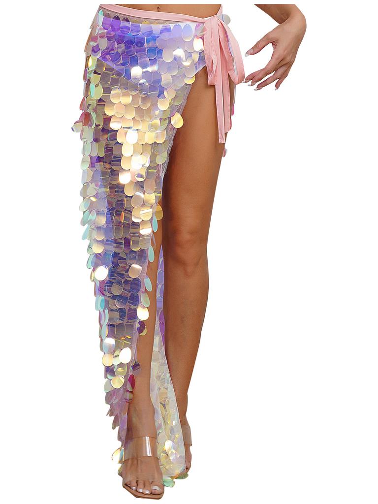 Женская длинная юбка на бедрах для танца живота на Хэллоуин с блестящими пайетками на шнуровке Русалка набедренный шарф с запахом праздничные танцевальные костюмы