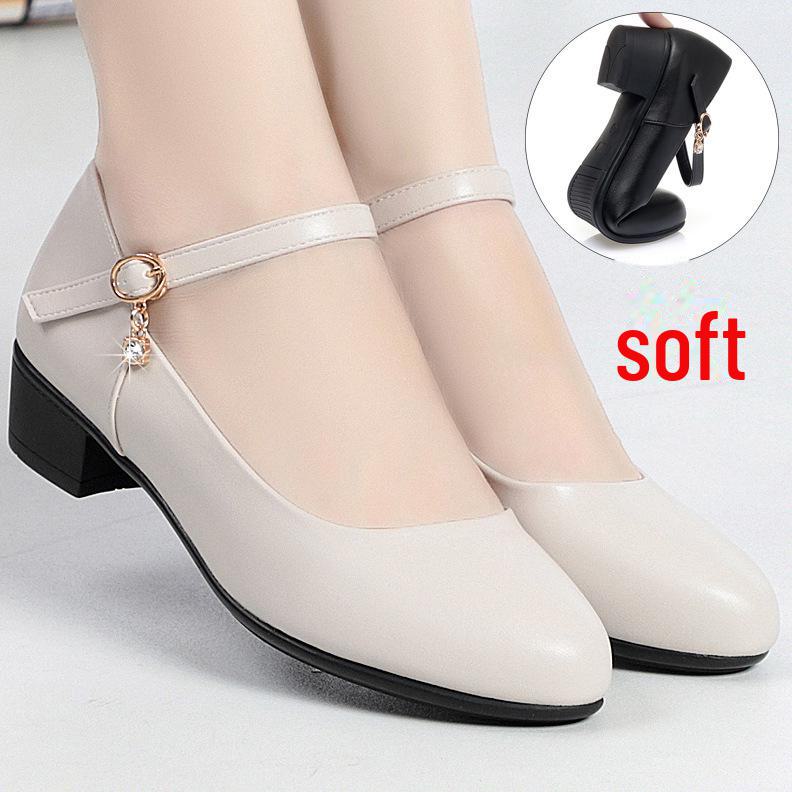 Туфли из мягкой кожи на среднем каблуке с пряжками на ремешках для работы и танцев с ципао, подходят женщинам среднего возраста, черная мягкая подошва для осени.
