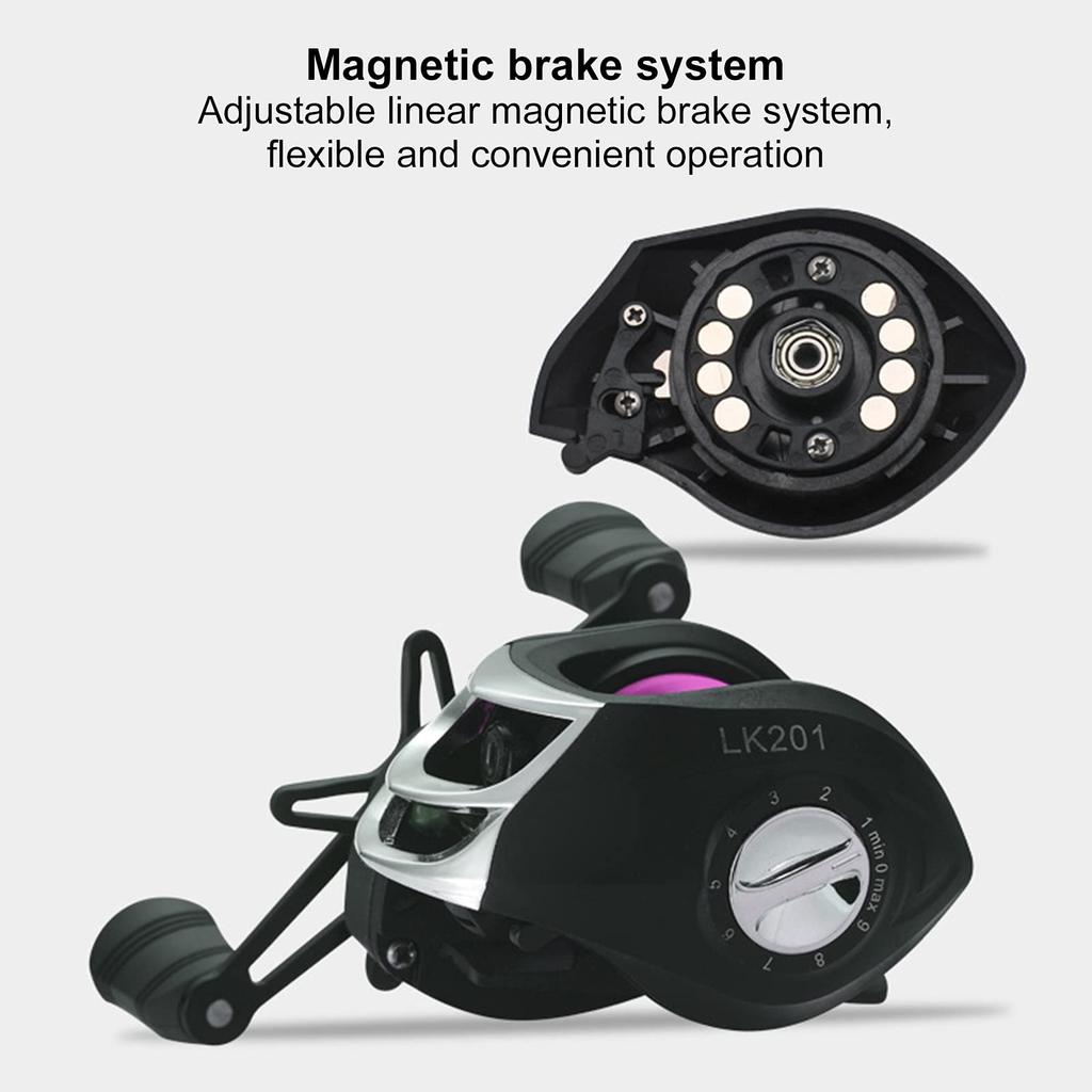 Колесо для рыбалки с магнитным тормозом, катушка для заброса приманки большой емкости, долгий срок службы, легкий вес, может использоваться для рыбалки (LK201 Черный и фиолетовый
