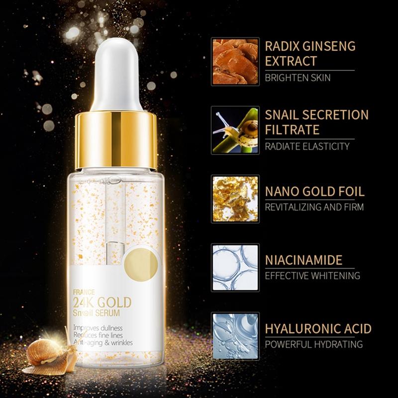 24K Gold Snail Serum Увлажняющая укрепляющая кожа Осветляющая тонкие линии Антивозрастная питательная сыворотка для лица