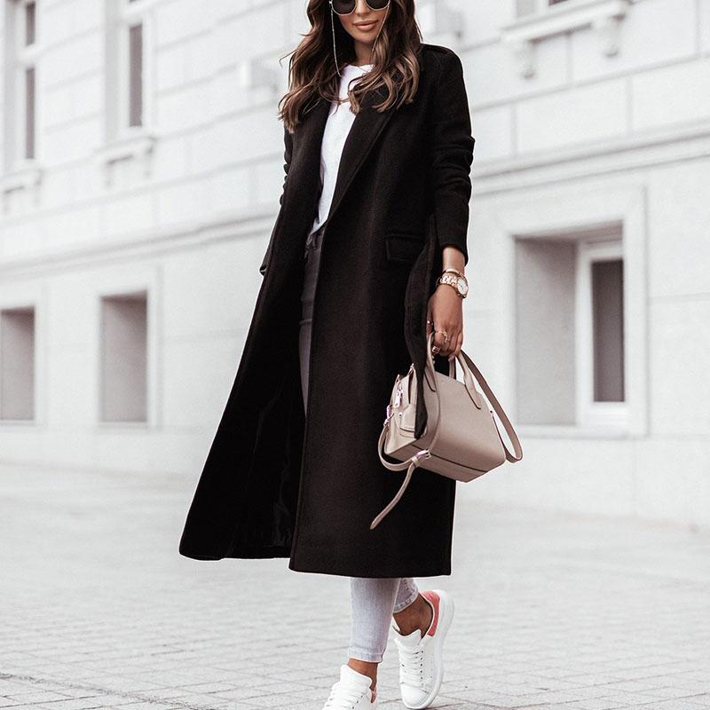 Женское элегантное длинное шерстяное пальто с поясом, однотонное, с длинным рукавом, шикарная верхняя одежда, женское, с заниженными плечами, пальто