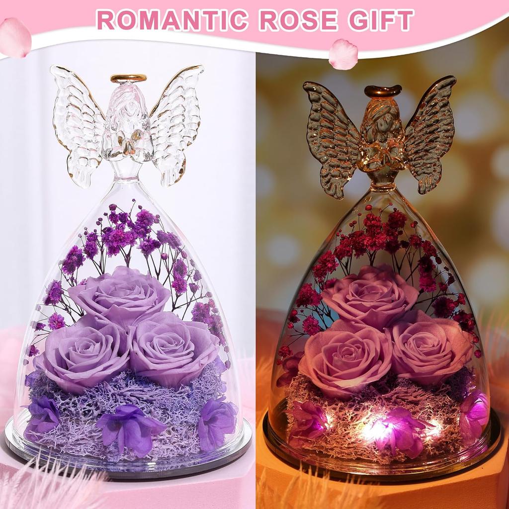 Mothers Day Mom Gifts for Women Preserved Flowers in Glass Angel Forever Flowers Gifts Eternal Roses Gifts for Grandma, Light Purple