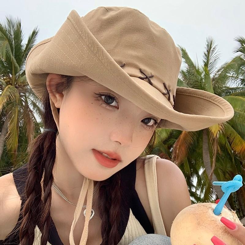 Vintage Women Bohemian Cowboy Hat Women Beach Sunscreen Hat Western Style Large Brim Bucket Hat Foldable Cowboy Caps