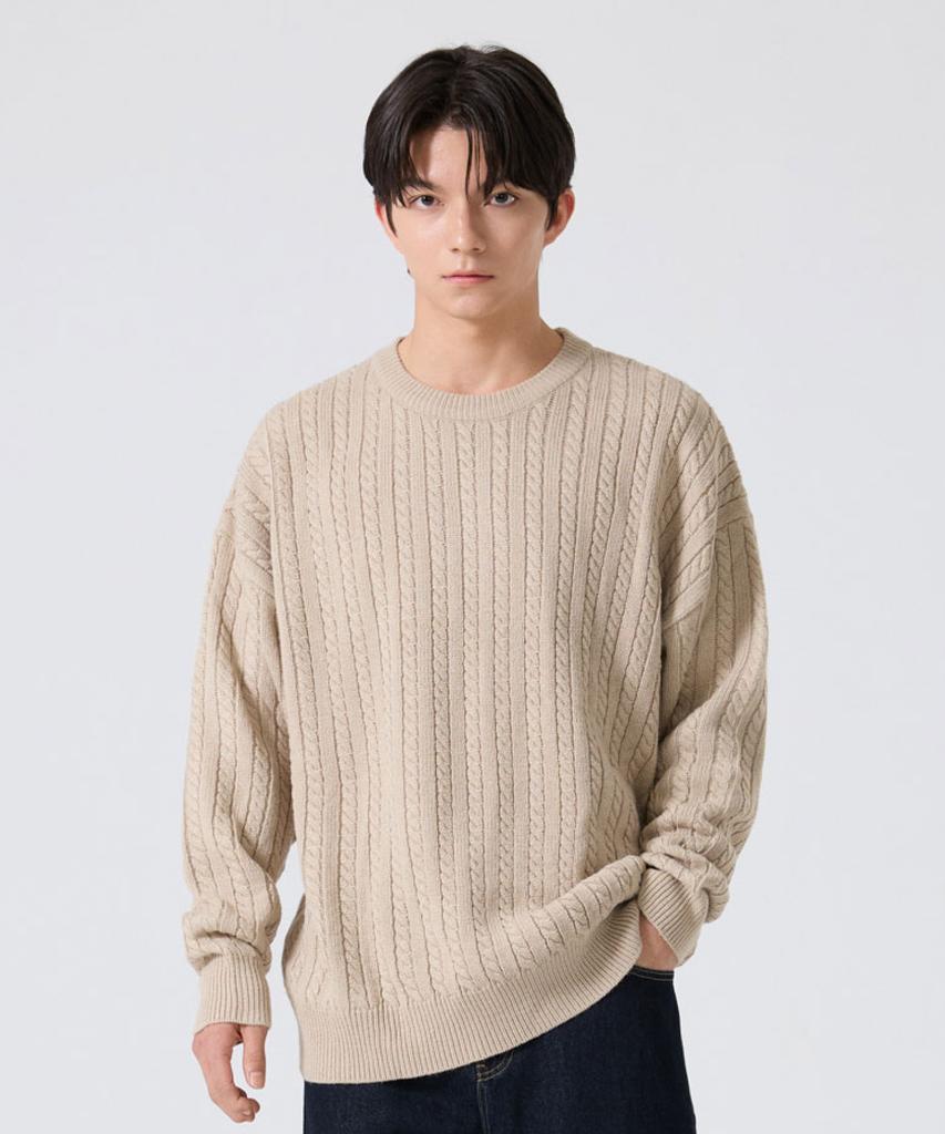 AGOD Crew Neck Oversized Cable Sweater Knit [Beige]