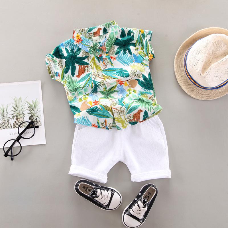 Kids' Summer Short-Sleeve Leaf Print Lapel Shirt