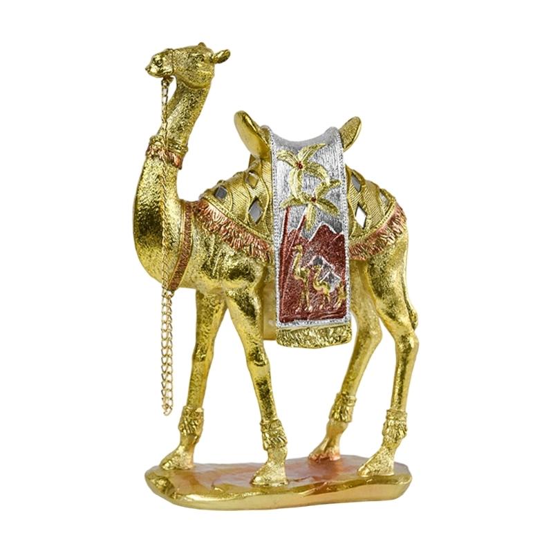Artistic Camels Sculpture Resins Middle Eastern Ornament Gold Desert Animal Figurine for Living Room and Office Display