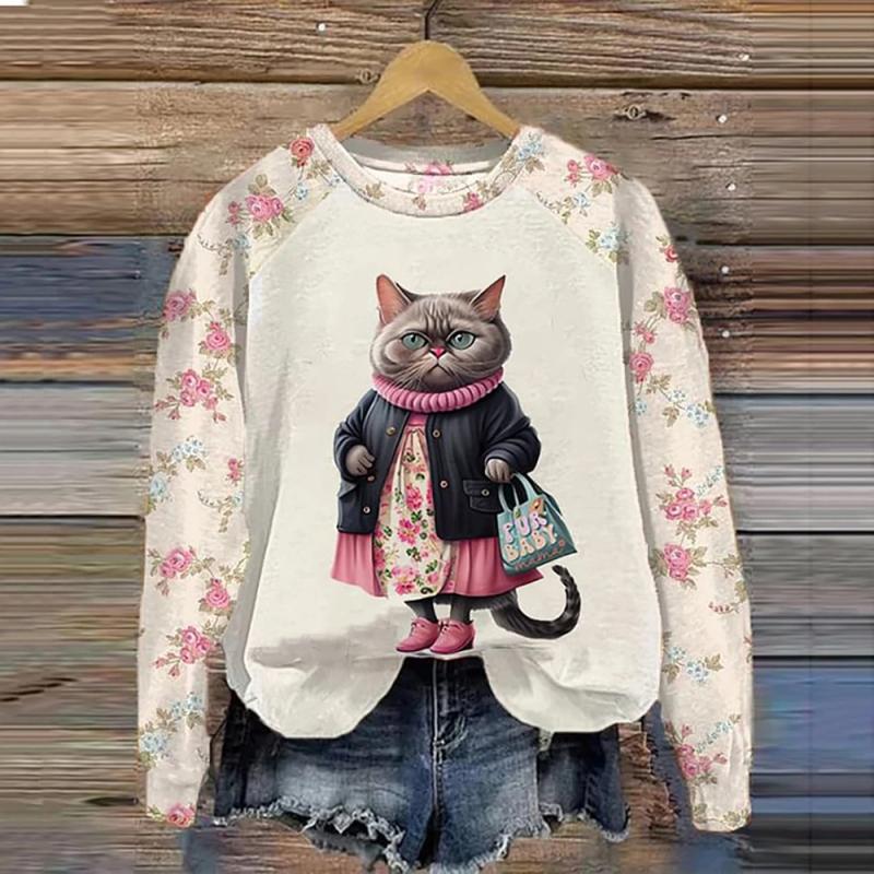 Зимние футболки с длинными рукавами для женщин, забавные кавайные толстовки с принтом кошек и животных, женский милый пуловер с круглым вырезом, женский свитшот