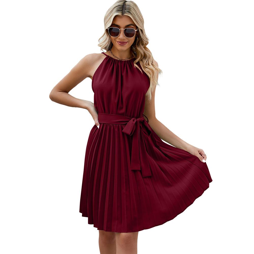 Летние платья для женщин, повседневные, с бретелькой на шее, без рукавов, со складками, на пуговицах сзади и с поясом
