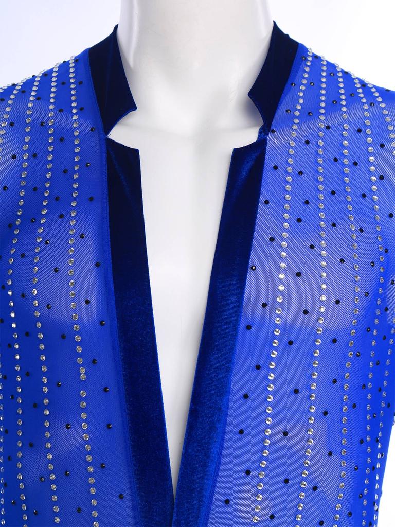 Men Latin Dance Leotard Mesh Long Sleeve Deep V Neck Velvet Shiny Rhinestones Bodysuit