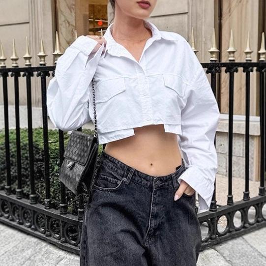 1116 Autumn Commuter White Long Sleeve Shirt Women's Short Design Lapel Cotton Women's Shirt Women's Clothing