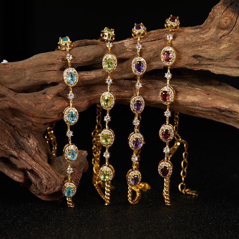 Jewelry S925 Sterling Silver Natural Garnet Apatite Amethyst Bracelet Women'S Bracelet
