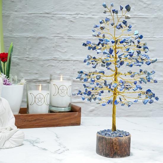 Лазурит Причудливый домашний декор Экспонаты на удачу Деньги Хрустальное дерево Подарочные товары Декор для офиса Спальня Свадебный подарок, Золотая проволока, 25,4 см