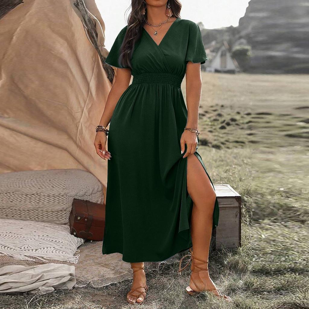 Women's Summer Fashion Sexy Comfortable Wrap Waist Maxi Dress V Neck Side Slit Casual Dress A-Line Long Short Sleeve Solid Color Dress