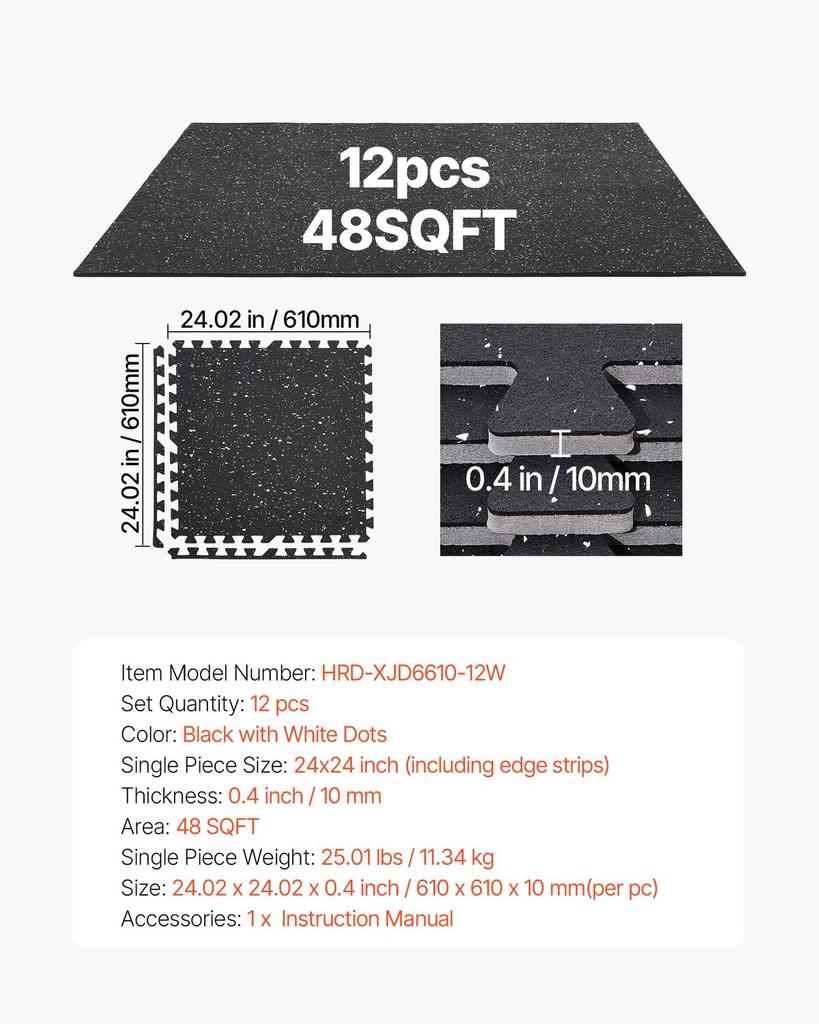 Puzzle Exercise Mat, 12 PCS Fitness Equipment Mats, 610 x 610 x 10 mm, High-Density EVA Foam Mat Set, Interlocking Rubber Soft Tiles, Protective Floor