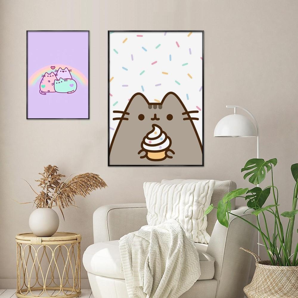 1 шт. мультяшный постер с изображением кота P-Pusheen K-Kawai, самоклеящийся художественный постер, водонепроницаемая бумажная наклейка для декора стен кофейни, бара