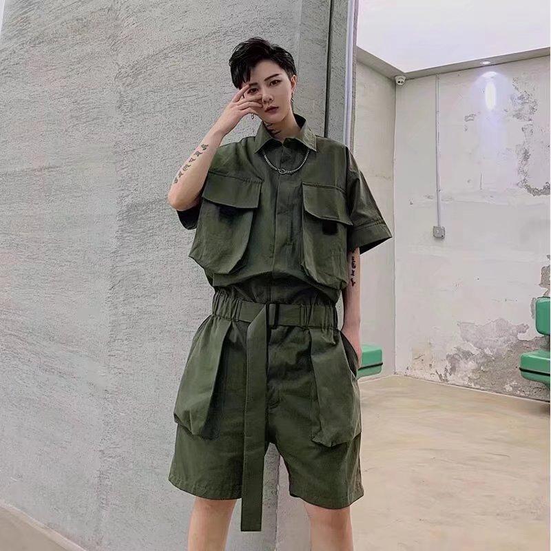 Летний мужской комбинезон с короткими рукавами и шортами, модный ретро-комбинезон в рабочем стиле, свободный комплект, ультратонкий
