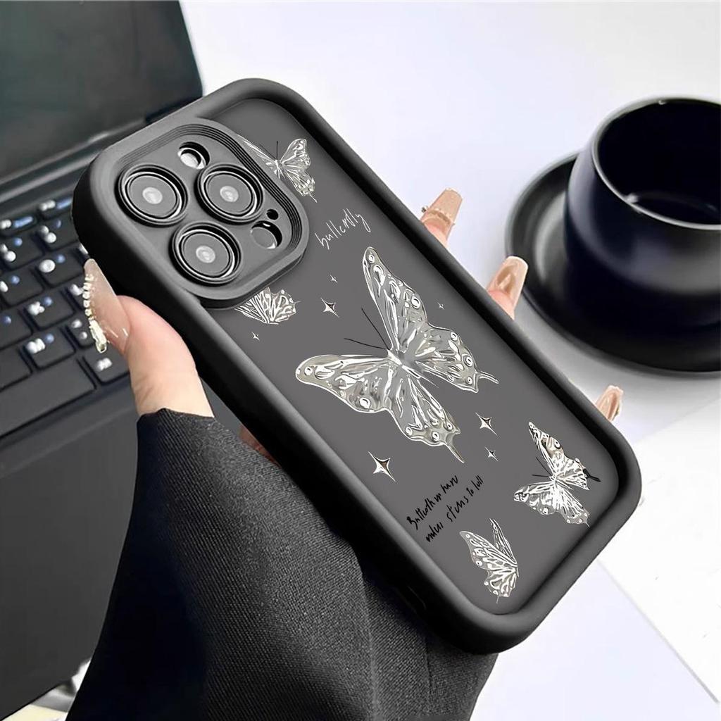 Silver Butterfly Diamond Cross iPhone 15/16/17 Case - Black Groove Sky Eye Design