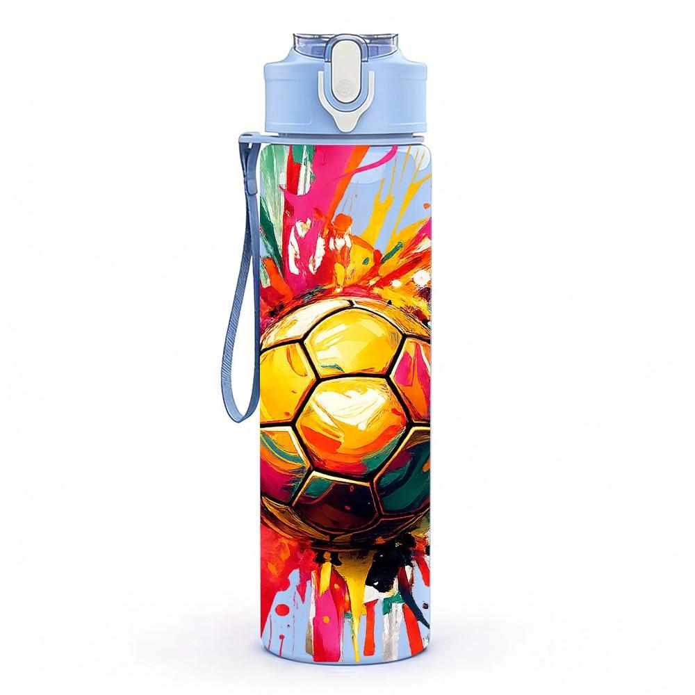 1PC Soccer Ball Color Splash Sports Print 750ml Color Plastic Sports Water Bottle Leakproof Flip Straw Lid Suitable for Sports Office Home Use