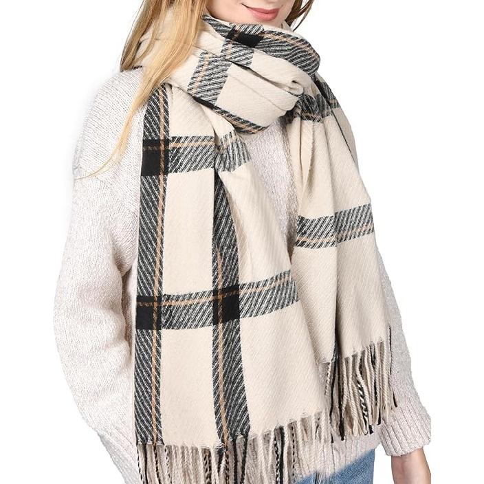Winter Scarf for Women Shawl Cashmere Feel Tassel Plaid Large Oversized Scarves