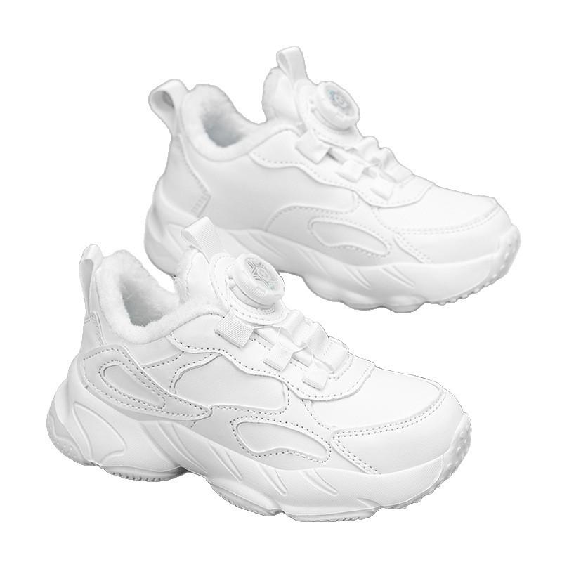 Детские белые кожаные нескользящие кроссовки для бега - Теплые, плюшевые, спортивные кроссовки для осени/зимы для мальчиков и девочек