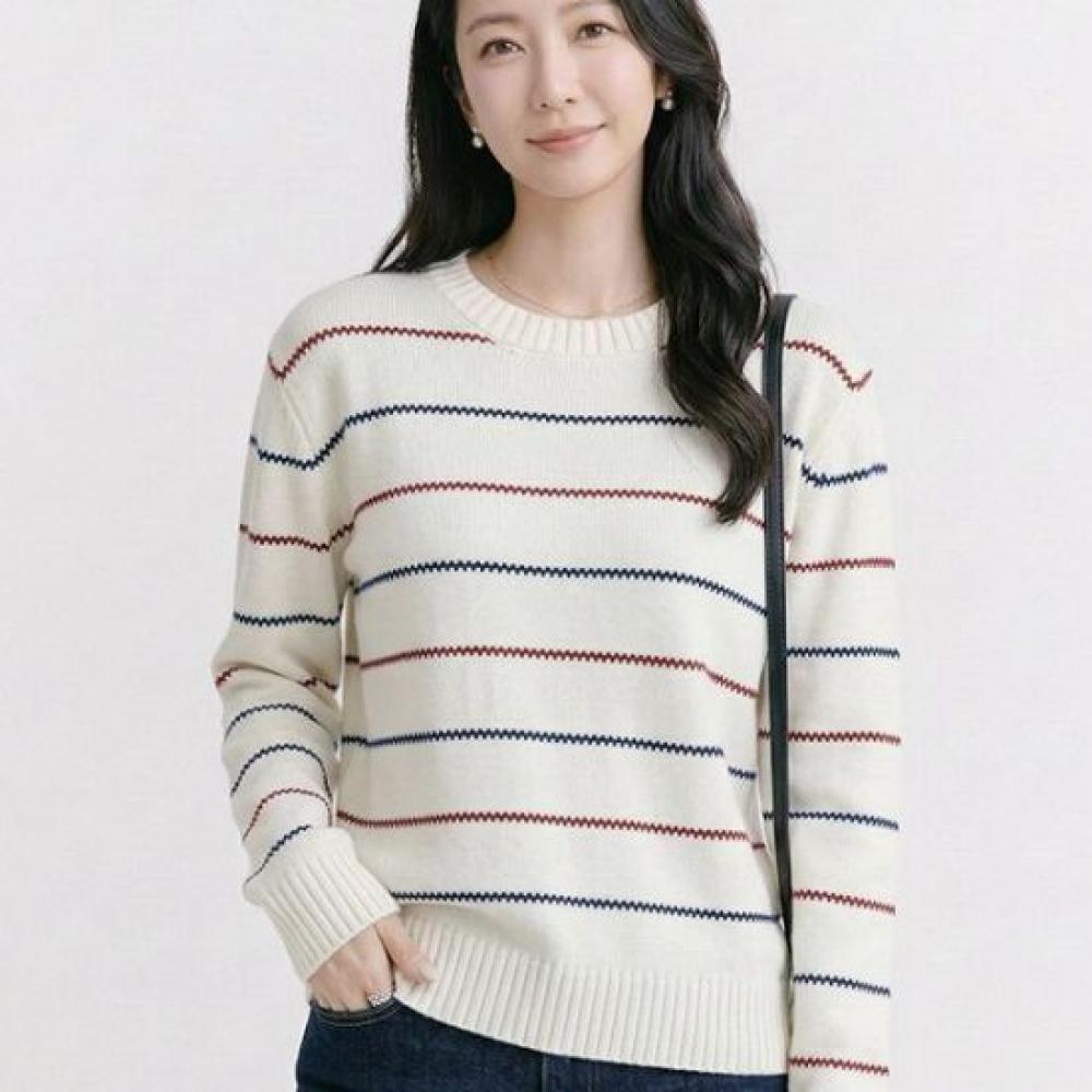 Navava Nk3593 Striped Line Point Round Neck Long Sleeve Knit Top