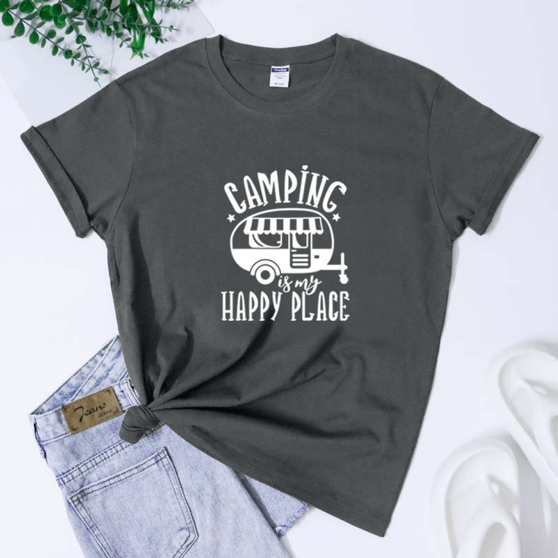 Camping Is My Happy Place Tshirt Cute Queen Of The Camper Tshirt Funny Road Trip Traveler Gift Tee Shirt Top