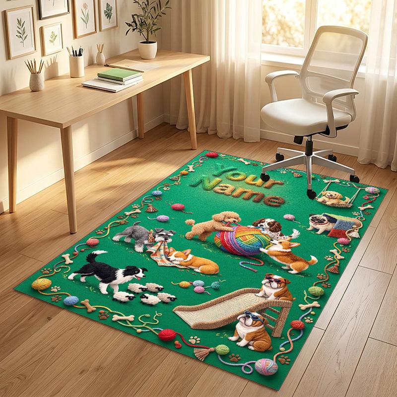 Dog Theme Crystal Velvet Rug Personalized Custom Name Text Soft Floor Mat Home Decor
