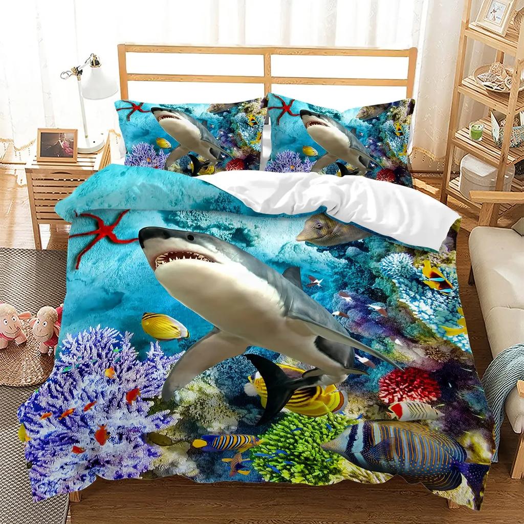 Shark Fish Print Bedding Set Cute Underwater Animal Duvet Cover Set Wonderful Gifts For Children Teens Adult Comforter Cover Set