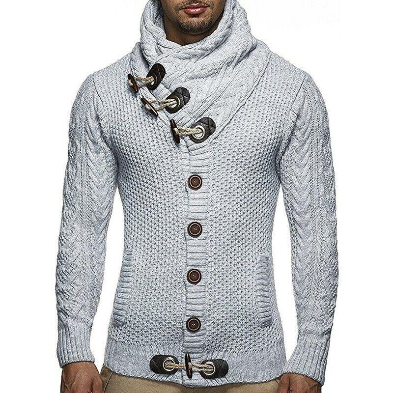 Элегантный мужской трикотажный свитер с длинным рукавом, пуговицами-рожками и воротником-стойкой, пальто-кардиган