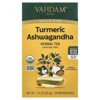 VAHDAM India, Настои, Куркума Ашваганда, Без кофеина, 18 пакетиков для заваривания, 32.4г (1.14 унции)